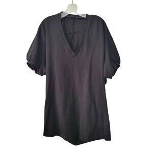 Zara Black V-Neck Short Puff Sleeve Mini Dress Size Medium Oversized